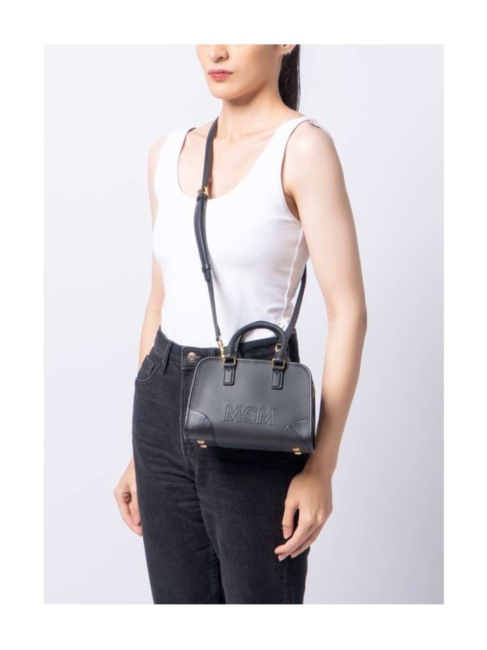MCM Aren Boston Embossed Leather Bag - Black- NWT